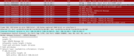 Ici, on voit ASBR6, dont le démon BGP vient de démarrer, initialiser une session BGP avec ASBR3 (TCP handshake + PDU BGP OPEN). Puis vient l'échange des préfixes (PDU BGP UPDATE)