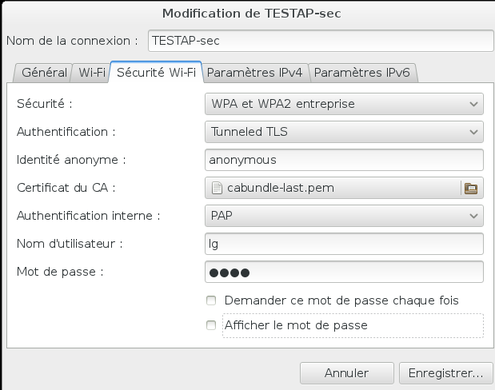 Paramètres 802.1X pour notre SSID TESTAP-sec avec GNOME Network Manager.